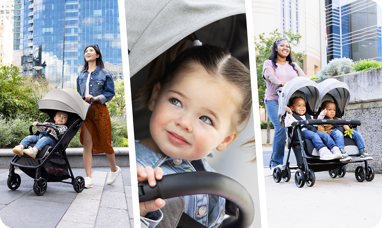 Mum and dad smiling and walking while pushing toddler in Myavo quick-folding lightweight travel stroller.