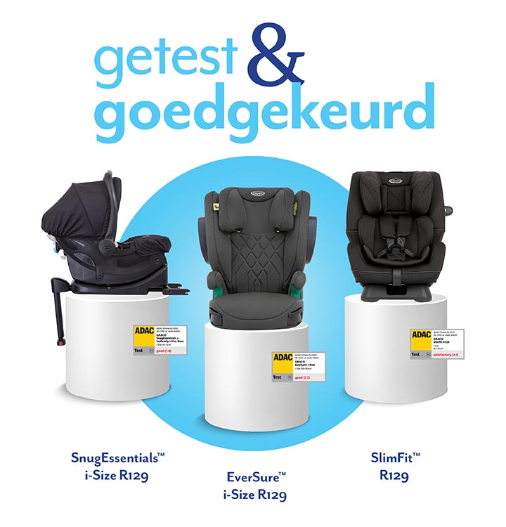 Graco's SnugEssentials, EverSure i-Size en SlimFit R129 autostoeltjes op een witte sokkel