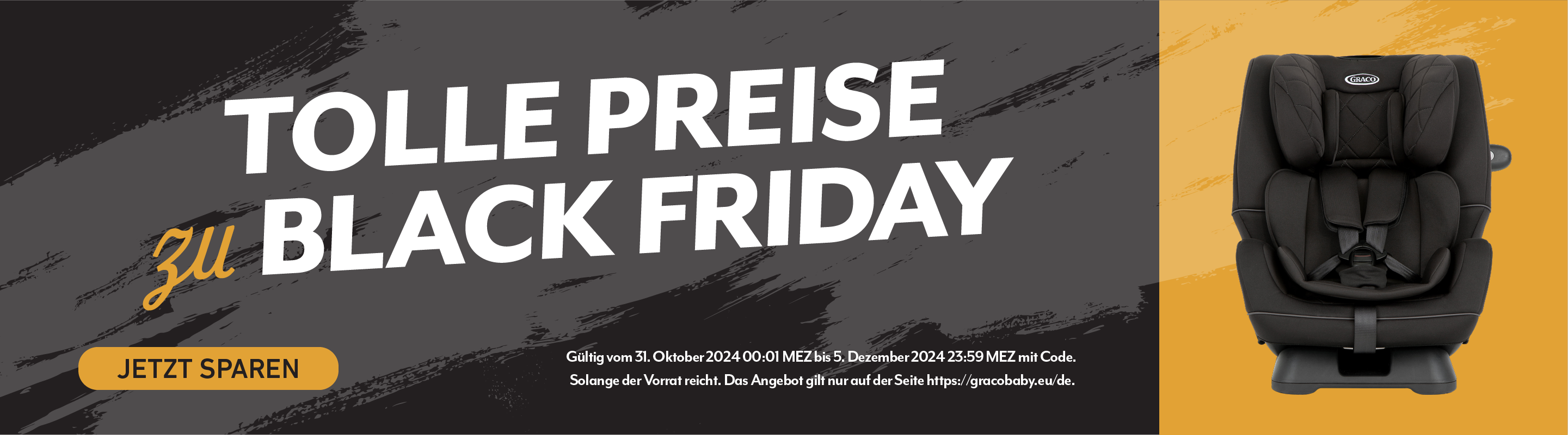 Schwarzes Banner mit weißem Text mit der Aufschrift „TOLLE PREISE zu BLACK FRIDAY“ und einem Bild von Gracos SlimFit R129 auf orangefarbenem Hintergrund.