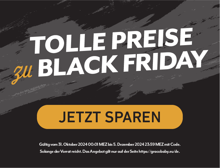 Schwarzes Banner mit weißem Text mit der Aufschrift „TOLLE PREISE zu BLACK FRIDAY“ und einem Bild von Gracos SlimFit R129 auf orangefarbenem Hintergrund.