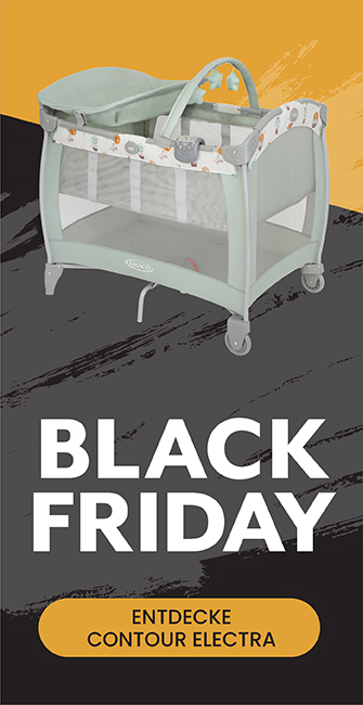 Schwarz-orangefarbenes Banner mit dem Aufdruck „Black Friday“ und einem dreiviertel Bild des Graco Contour Electra.