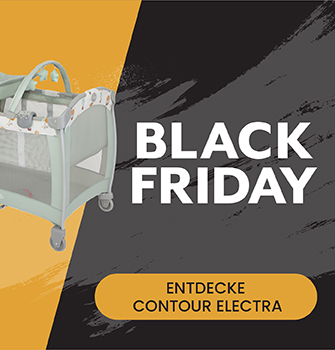 Schwarz-orangefarbenes Banner mit dem Aufdruck „Black Friday“ und einem dreiviertel Bild des Graco Contour Electra.