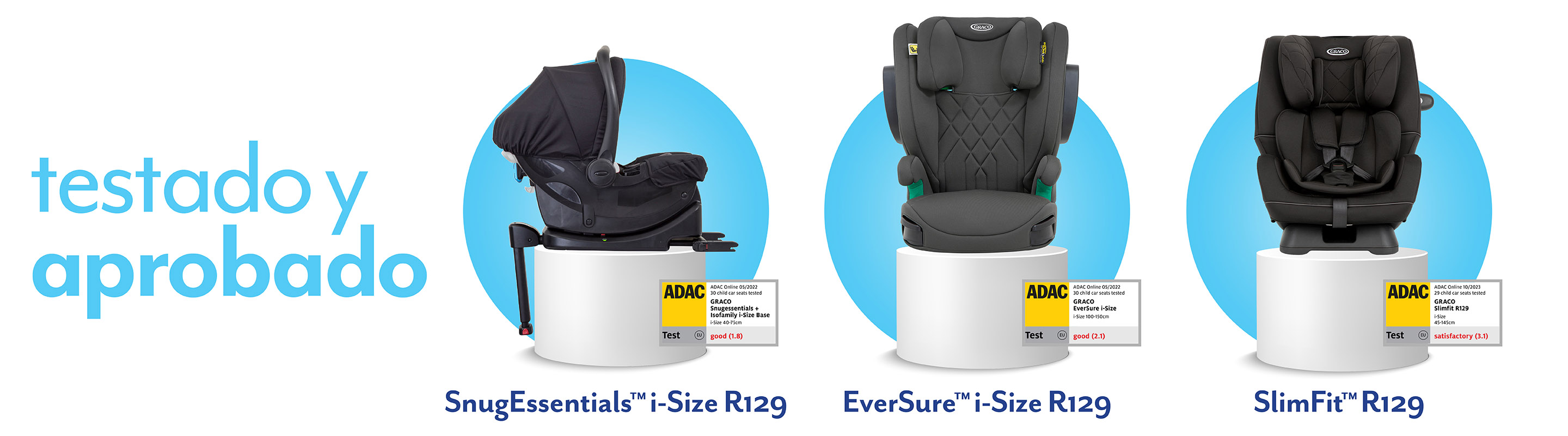 Asientos de auto Graco SnugEssentials i-Size R129, EverSure i-Size R129 y SlimFit R129 sobre un pedestal blanco con insignias de ADAC.