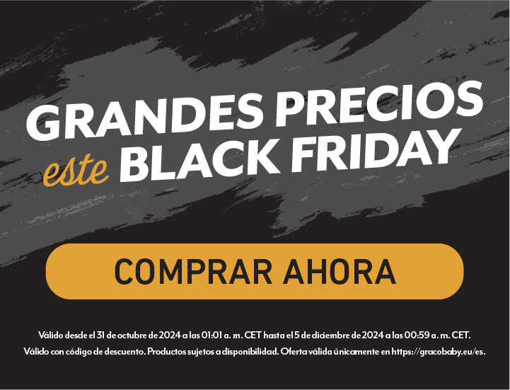 Pancarta negra con texto blanco que dice "GRANDES PRECIOS este BLACK FRIDAY" y una imagen del SlimFit R129 de Graco sobre un fondo naranja.