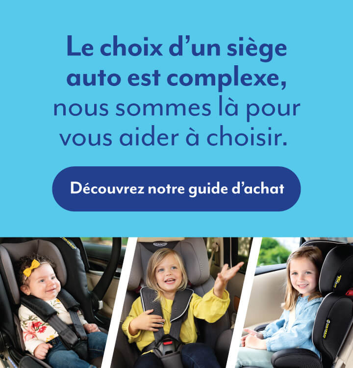 3 enfants heureux assis dans 3 sièges auto différents. Cliquez pour explorer le guide d'achat des sièges d'auto Graco.