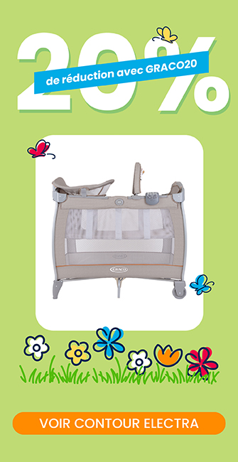 Bannière verte avec des fleurs annonçant une réduction de 20 % avec le code GRACO20 sur le lit de voyage Contour Electra