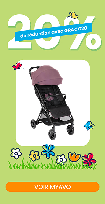 Bannière verte avec des fleurs annonçant une réduction de 20 % avec le code GRACO20 sur la poussette pliable rapidement Myavo