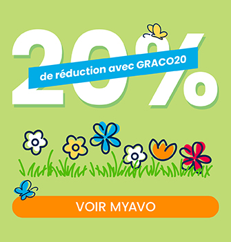 Bannière verte avec des fleurs annonçant une réduction de 20 % avec le code GRACO20 sur la poussette pliable rapidement Myavo