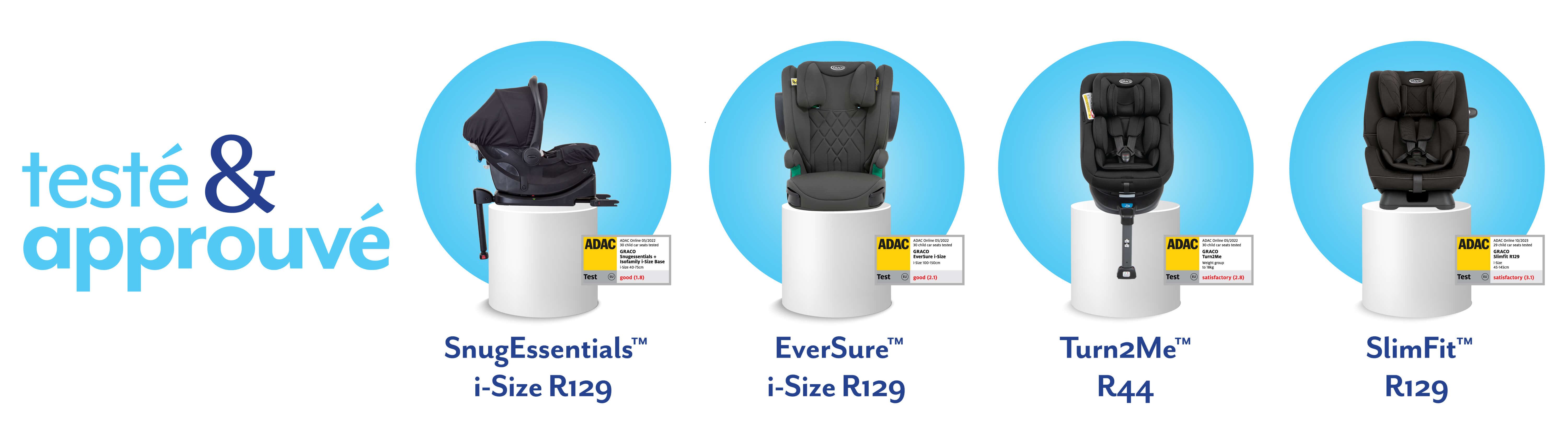 Les sièges-auto et coques naissance SnugEssentials™ i-Size, EverSure™ i-Size et Turn2Me™ SlimFit R129 de Graco® installés sur des socles blancs