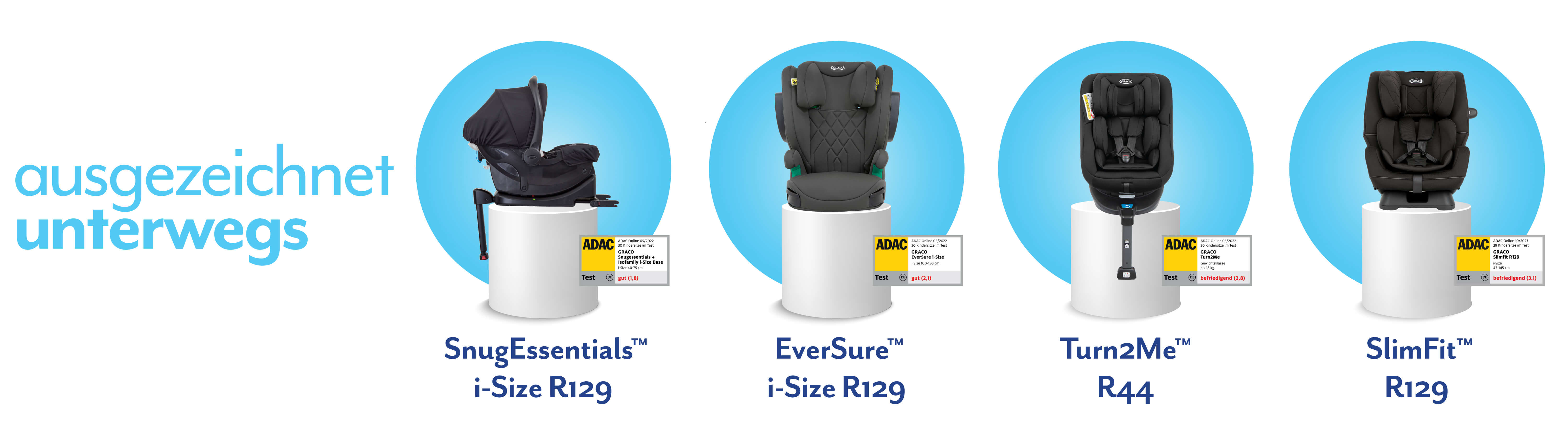 Graco's SnugEssentials, EverSure i-Size Turn2Me and SlimFit R129 car seats on a white pedestal