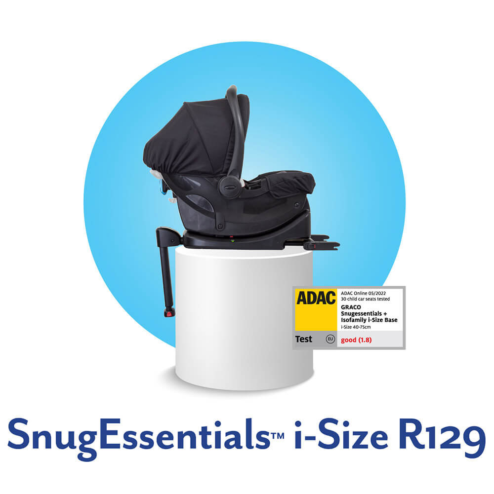 Silla portabebés SnugEssentials™ i-Size de Graco y base para silla de coche IsoFamily™ i-Size ISOFIX sobre pedestal blanco