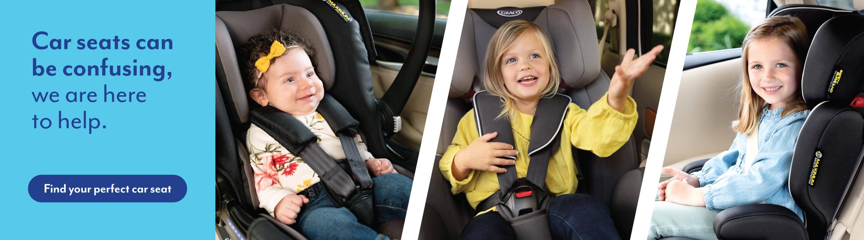 3 kids happily sitting in 3 different cars seats. Click to discover Graco's car seat buying guide. 