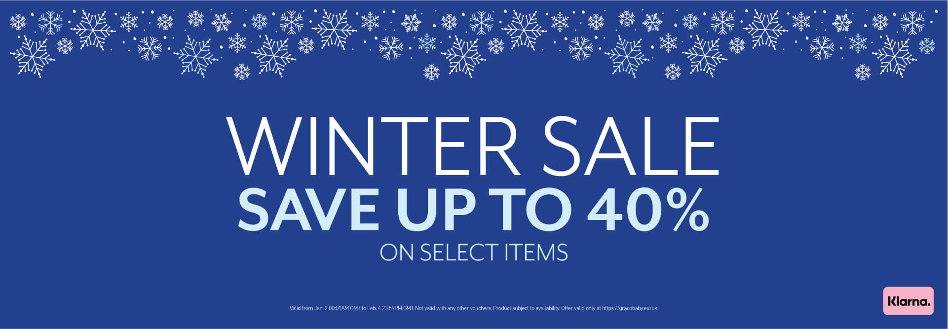 Blue banner with snowflakes and white text reading Winter Sale Save Up To 40% on Select Items.