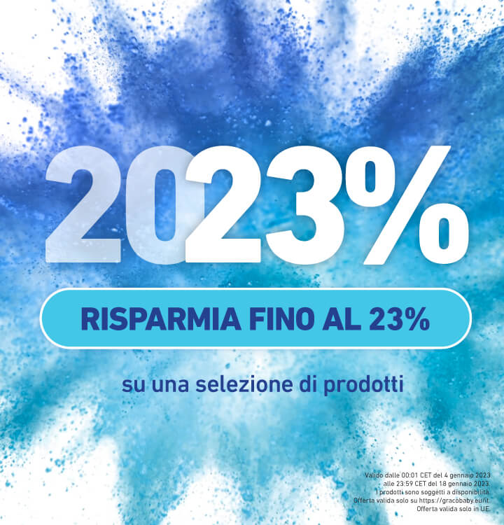 Immagine con polvere blu e testo che annuncia il risparmio fino al 23%.