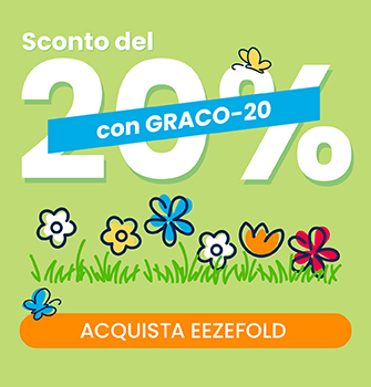 Banner verde con fiori che pubblicizza uno sconto del 20% con il codice GRACO20 sul passeggino pieghevole Myavo