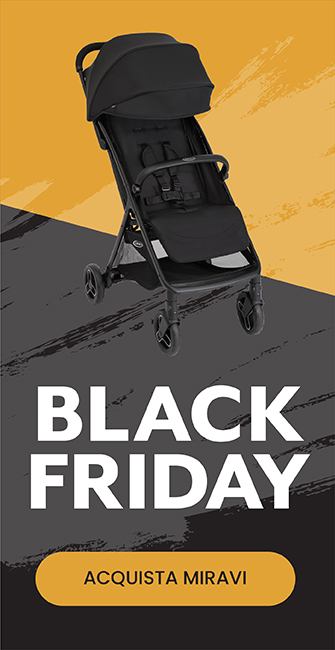 Striscione nero e arancione che pubblicizza il Black Friday con un'immagine a tre quarti del Graco Miravi.