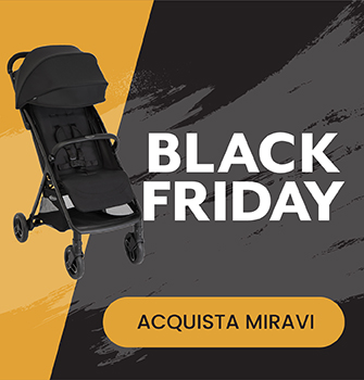 Striscione nero e arancione che pubblicizza il Black Friday con un'immagine a tre quarti del Graco Miravi.