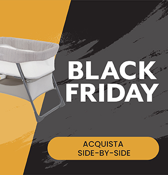 Striscione nero e arancione che pubblicizza il Black Friday con un'immagine a tre quarti del Graco Side-by-Side.