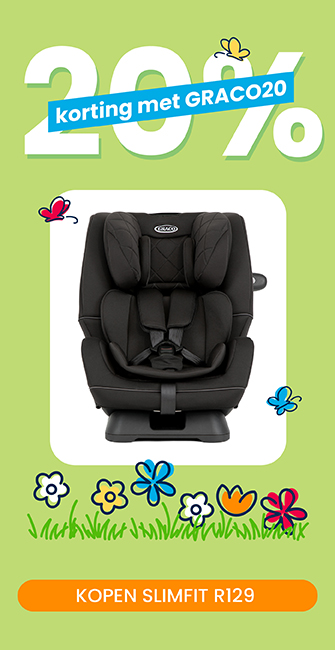 Groene banner met bloemen die 20% korting aankondigt met code GRACO20 op SlimFit R129 autostoel