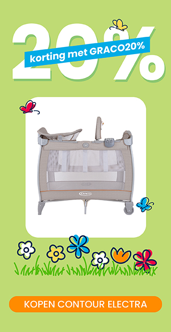 Groene banner met bloemen die een korting van 20% aankondigt met code GRACO20 op Contour Electra reiswieg