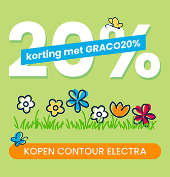 Groene banner met bloemen die een korting van 20% aankondigt met code GRACO20 op Contour Electra reiswieg
