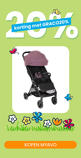Groene banner met bloemen die 20% korting aankondigt met code GRACO20 op Myavo snel opvouwbare kinderwagen